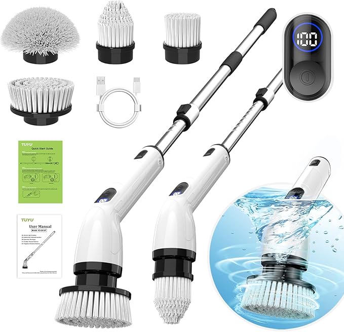 TUYU Electric Spin Scrubber, Full-Body IPX7 Waterproof Bathroom Scrubber with Po