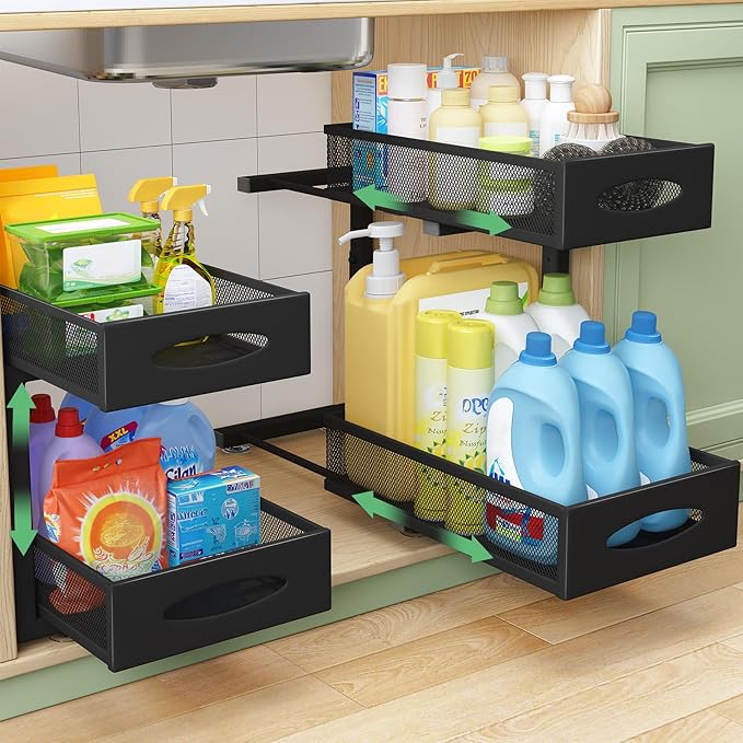 Under Sink Organizer, 2 Tier Pull out Cabinet Organizer Baskets with Mesh Slidin