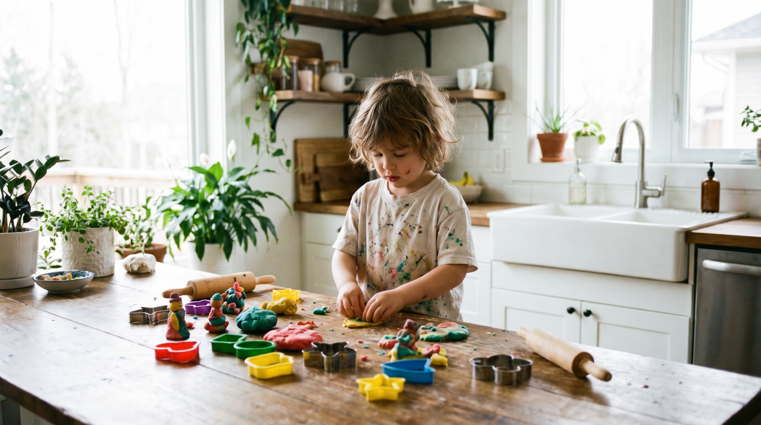 child making colorful playdough creations at kitchen table cookie cutters