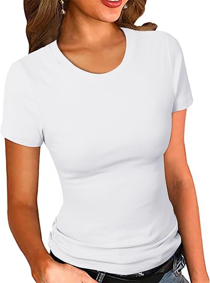 PALINDA crew neck ribbed white tshirt fitted mom basic