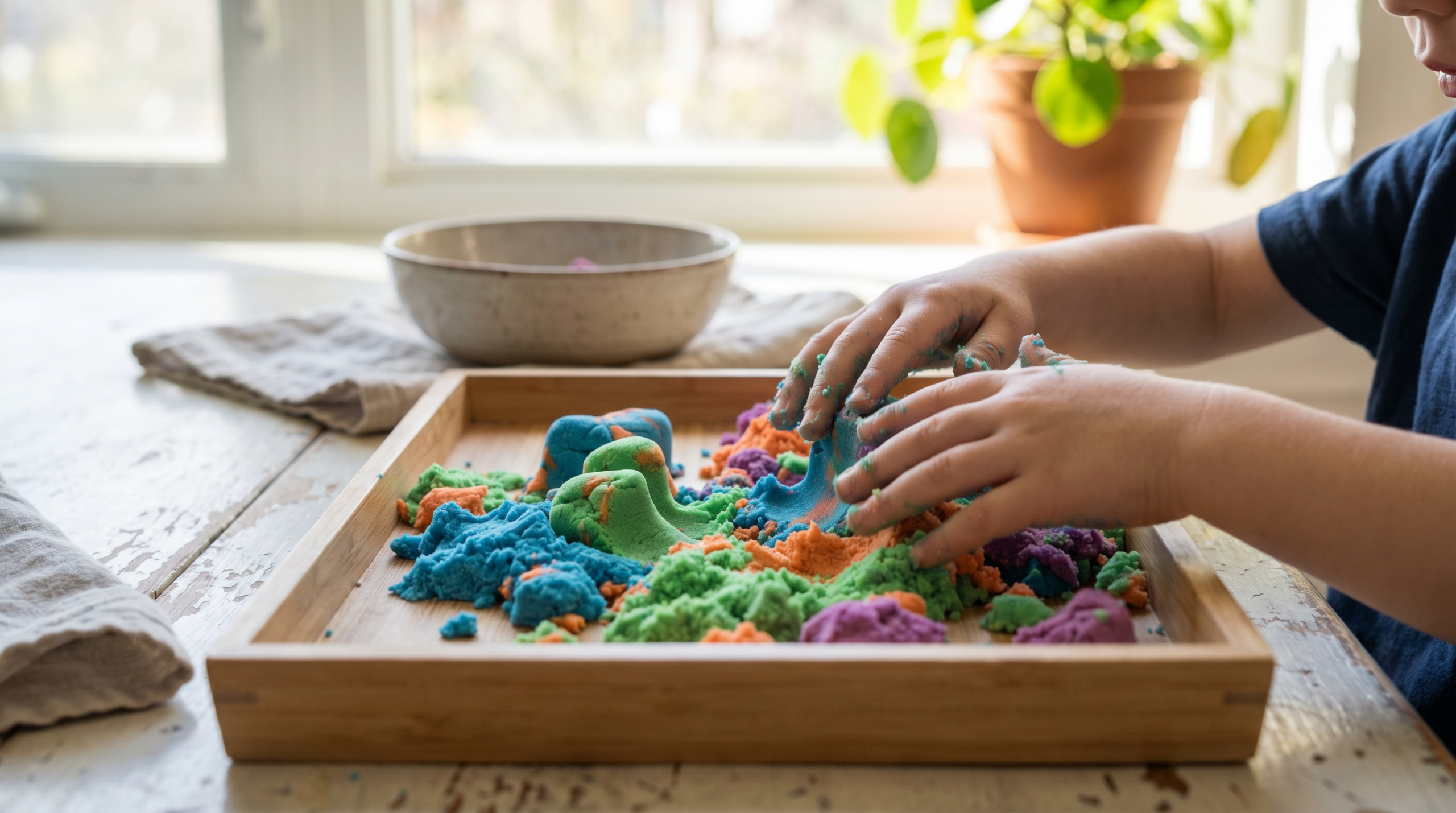 kid hands shaping colorful kinetic sand in tray sensory independent play