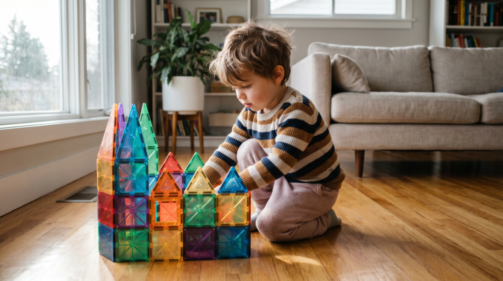 kid playing magnetic tiles independent play castle building