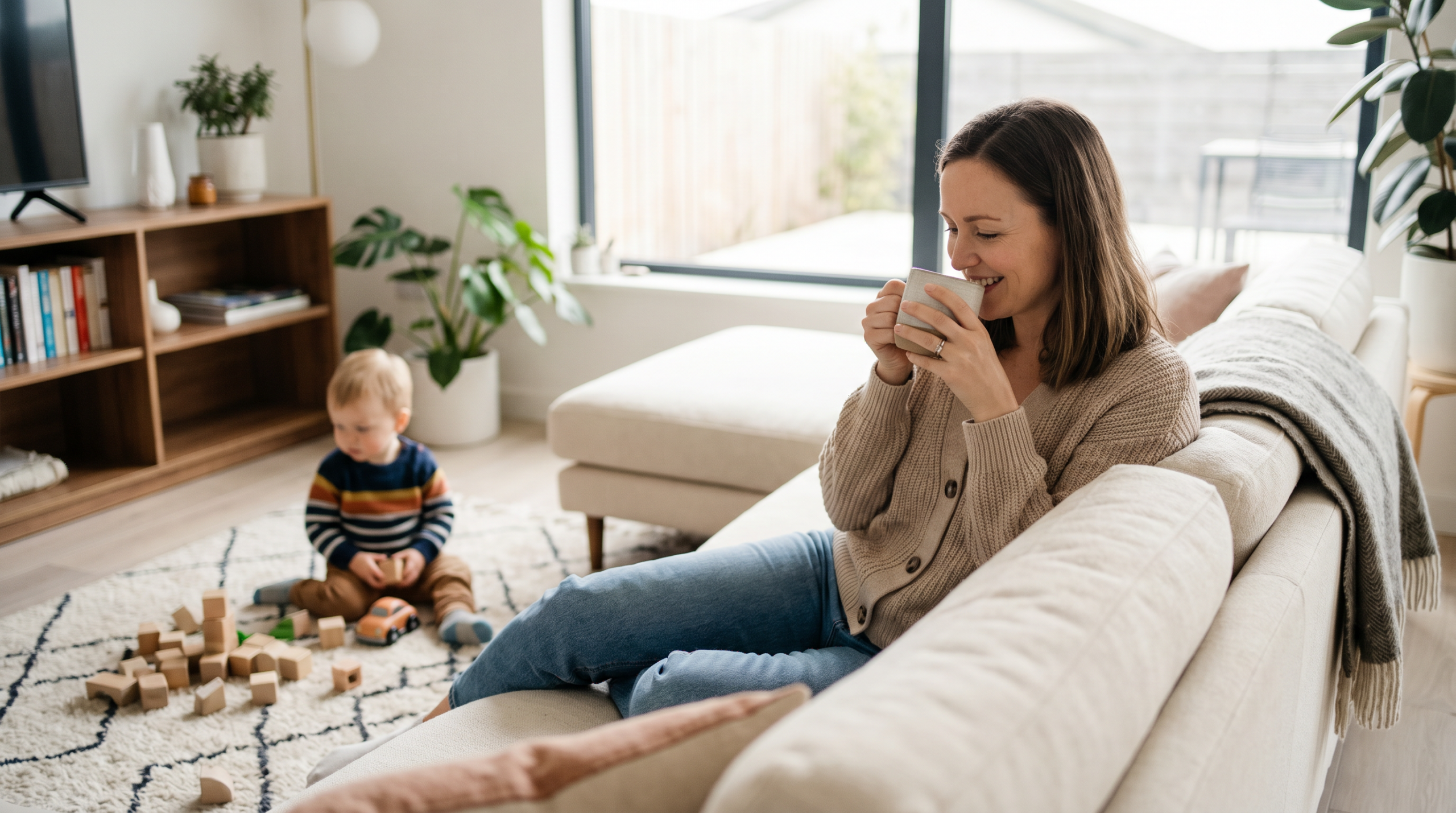mom drinking coffee while toddler plays independently with blocks