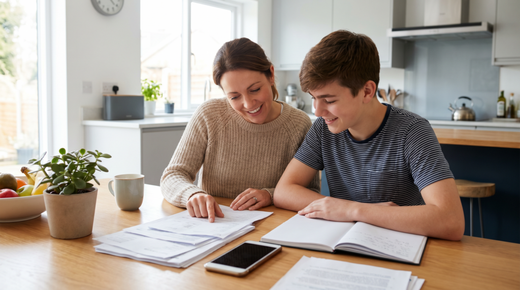 parent and teenager reviewing family phone contract together at kitchen table