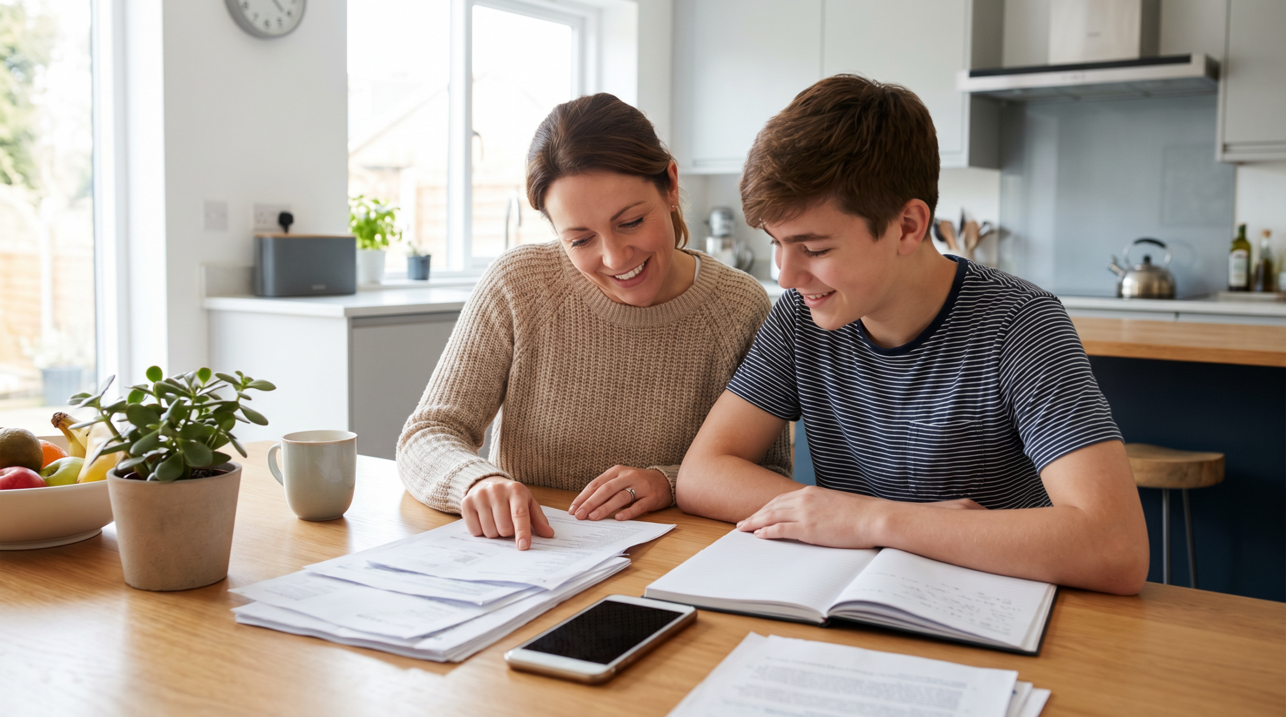 parent and teenager reviewing family phone contract together at kitchen table