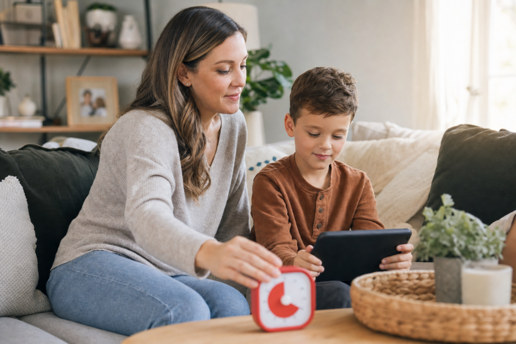 mom helping ADHD kid manage screen time with a red visual timer on the couch