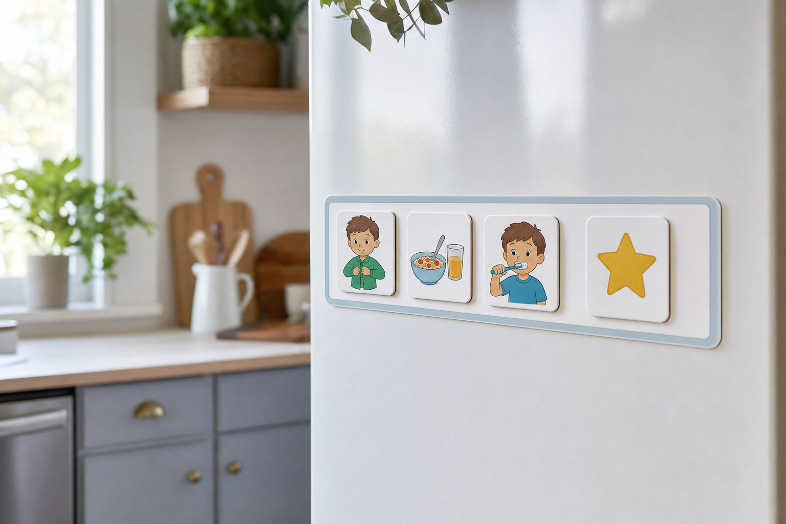 ADHD kids visual schedule magnetic chart with tasks before screen time on kitchen wall
