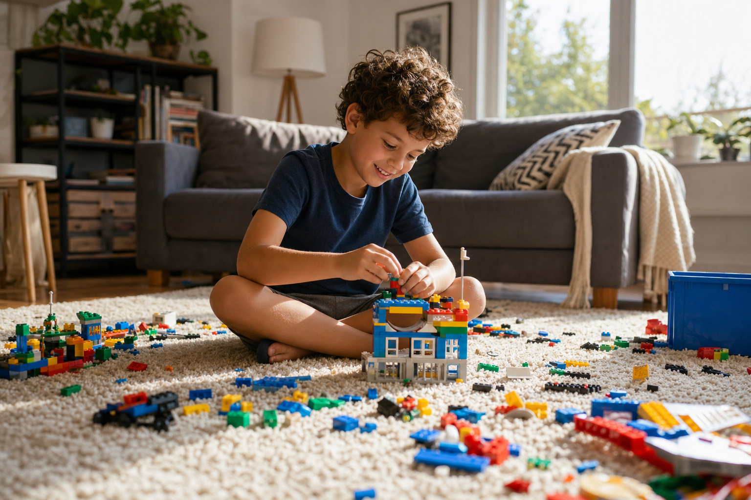 ADHD child playing with legos as a screen free transition activity after screen time