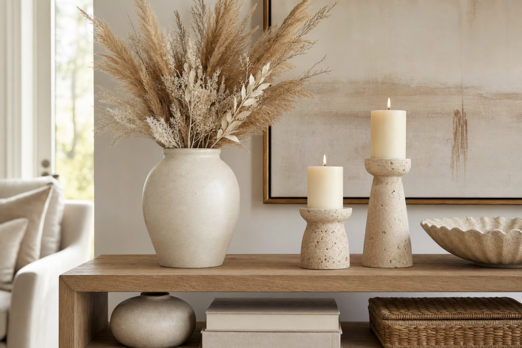 amazon home finds under 30 dollars styled shelf with travertine candles pampas grass ceramic vase