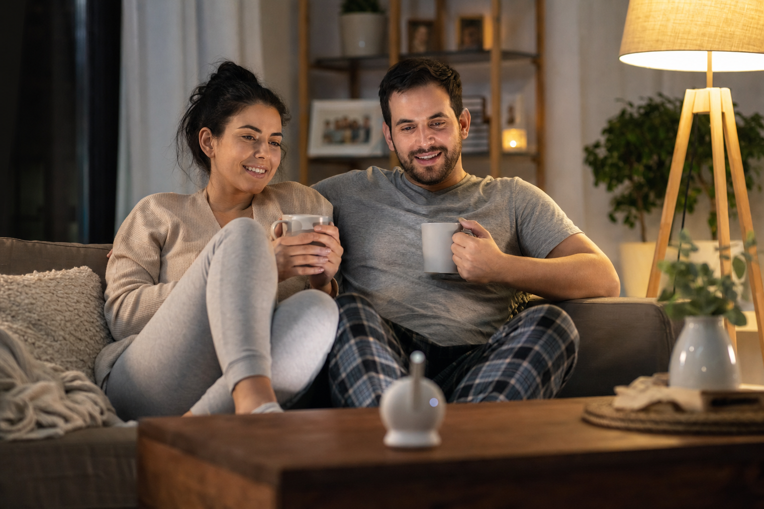 tired millennial couple sitting close on couch at night with baby monitor talking honestly after kids