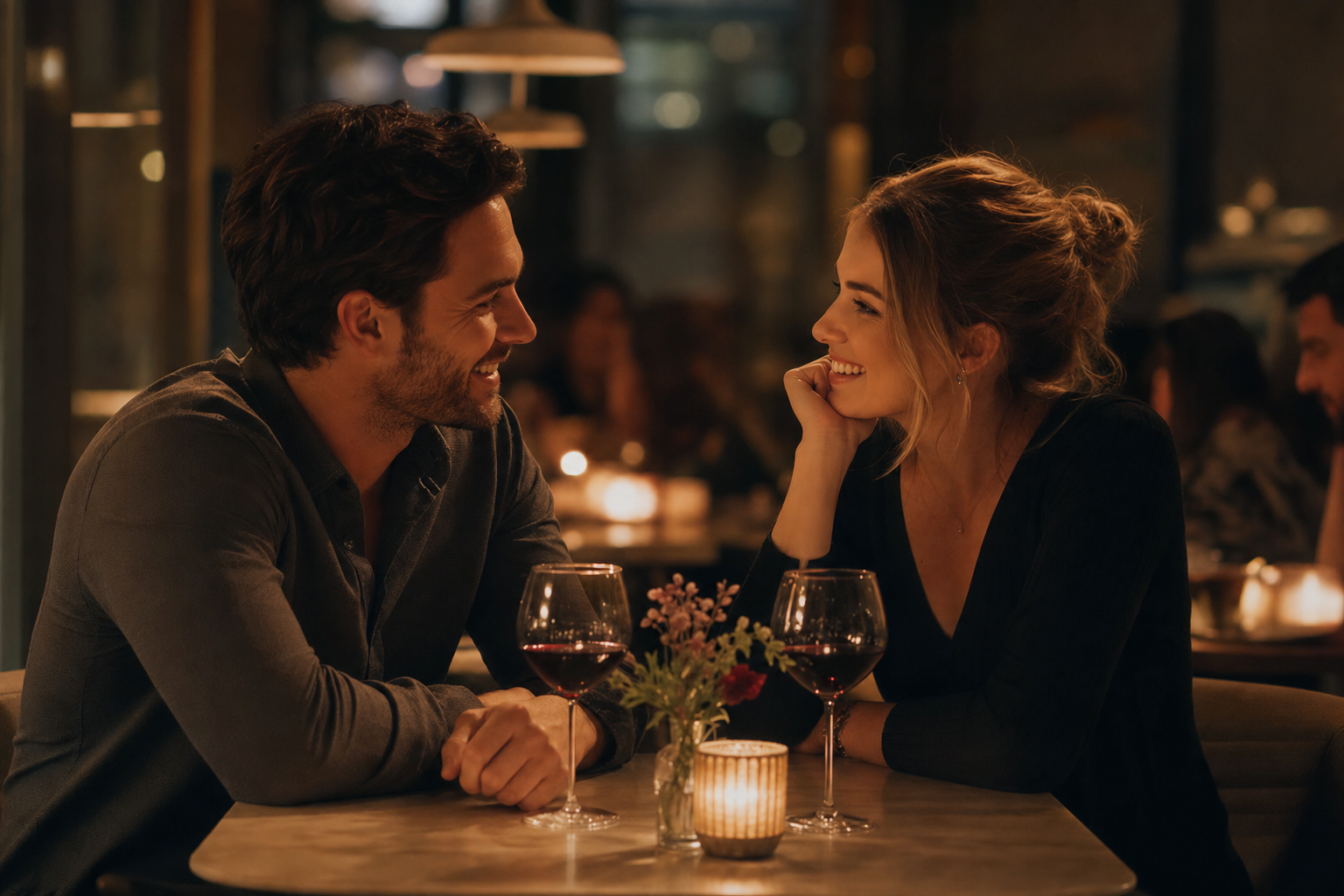 couple on a candle lit date night after having kids reconnection conversation at restaurant