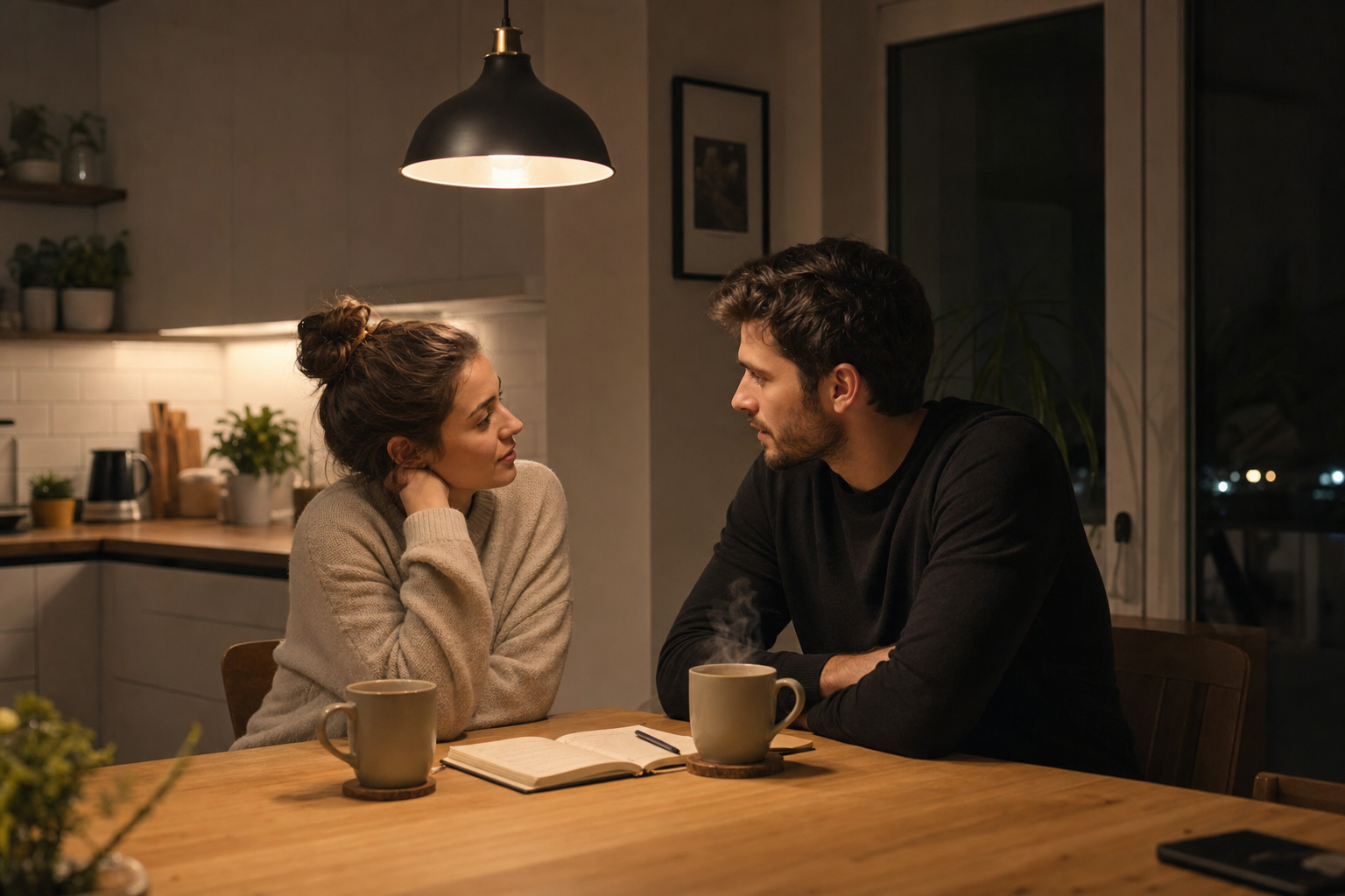 couple having honest conversation at kitchen table at night with notebook after having kids