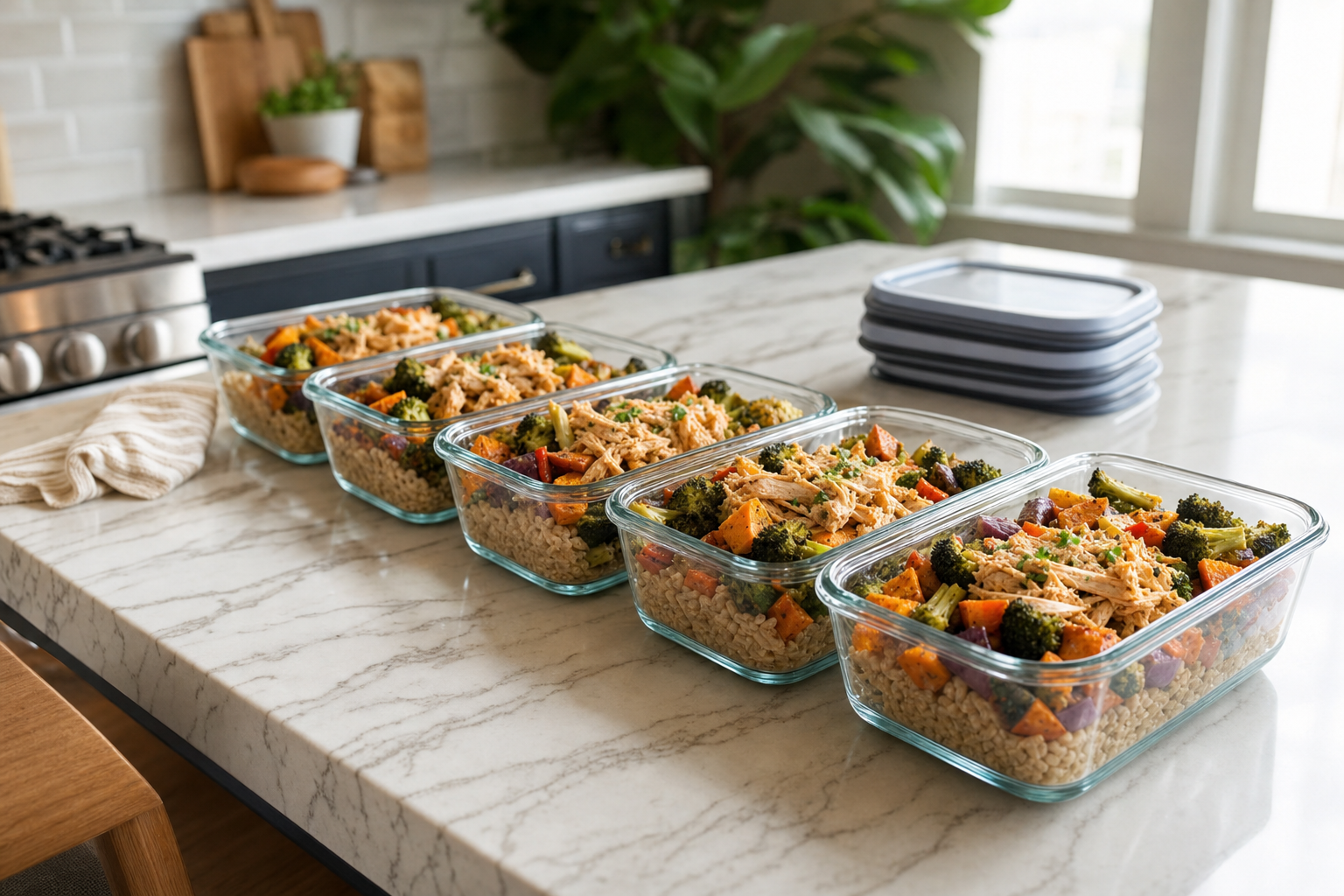 glass meal prep containers lined up with shredded chicken roasted vegetables rice for family week