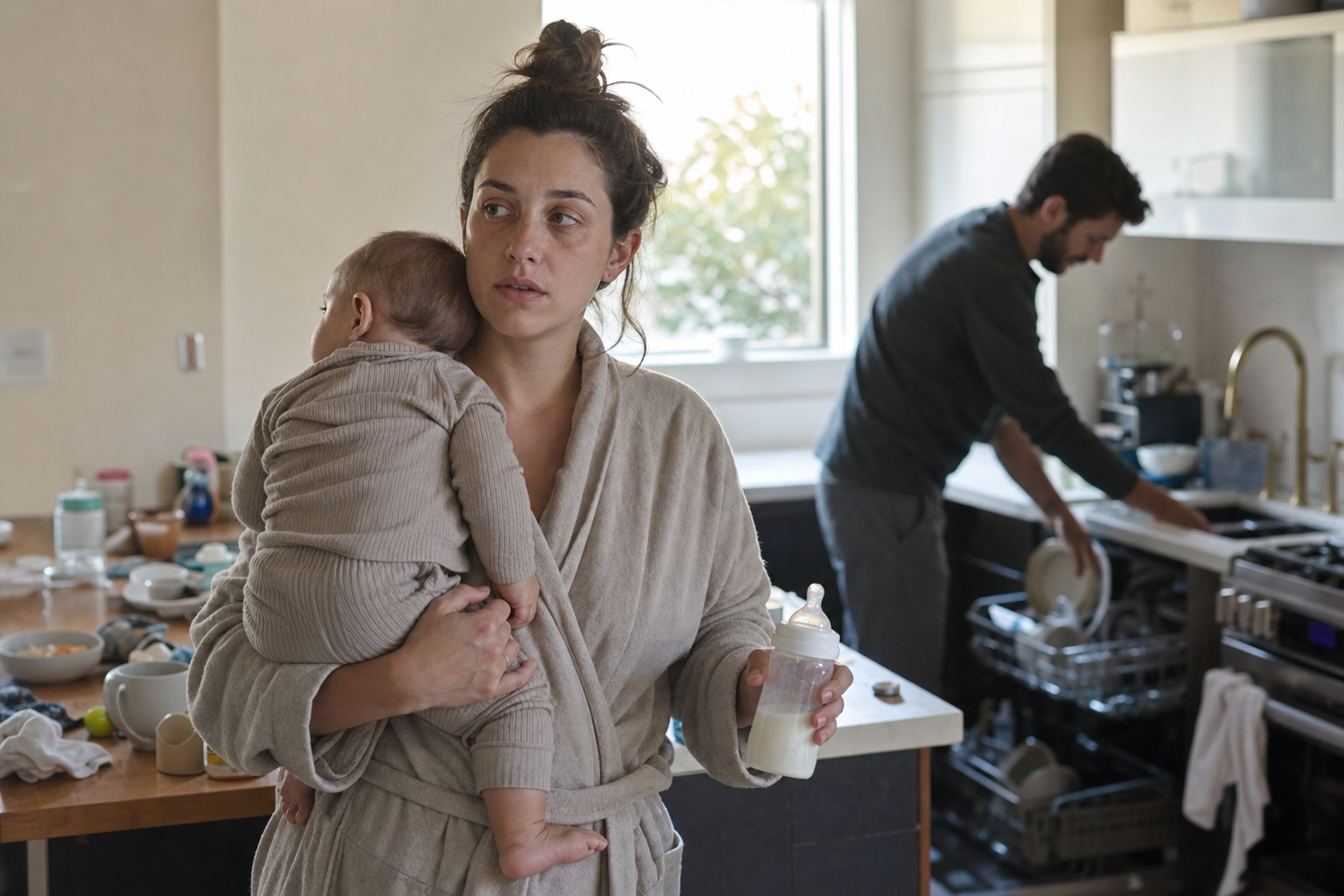 tired mom holding baby on hip while partner unloads dishwasher mental load divide of labor