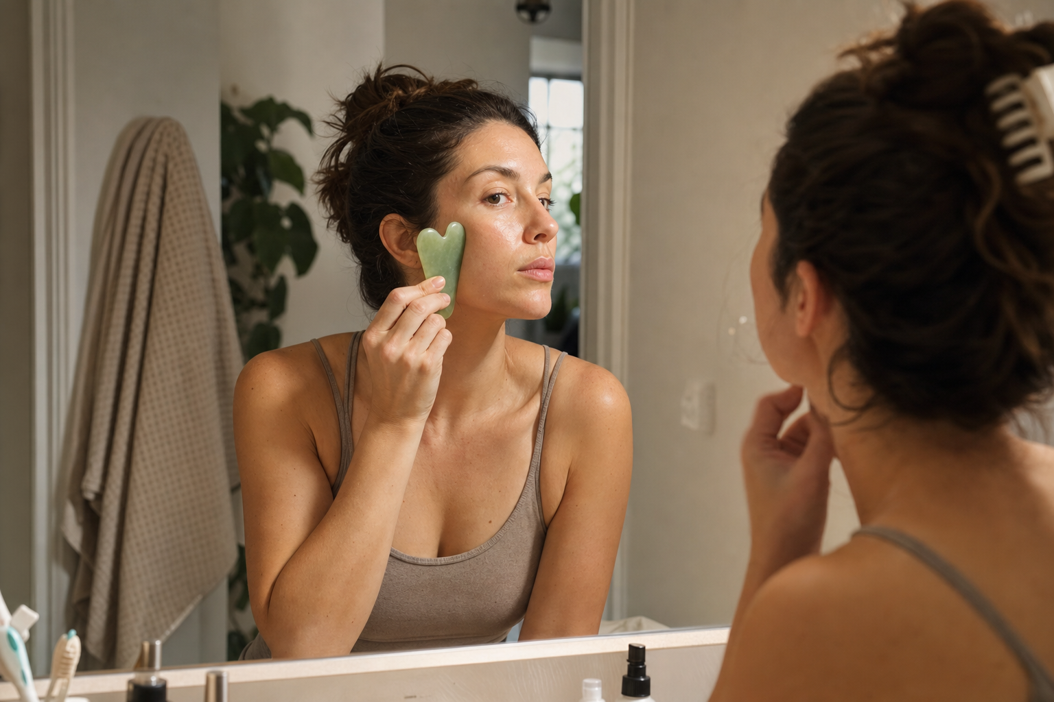 mom using green jade gua sha face roller for quick mom self care routine