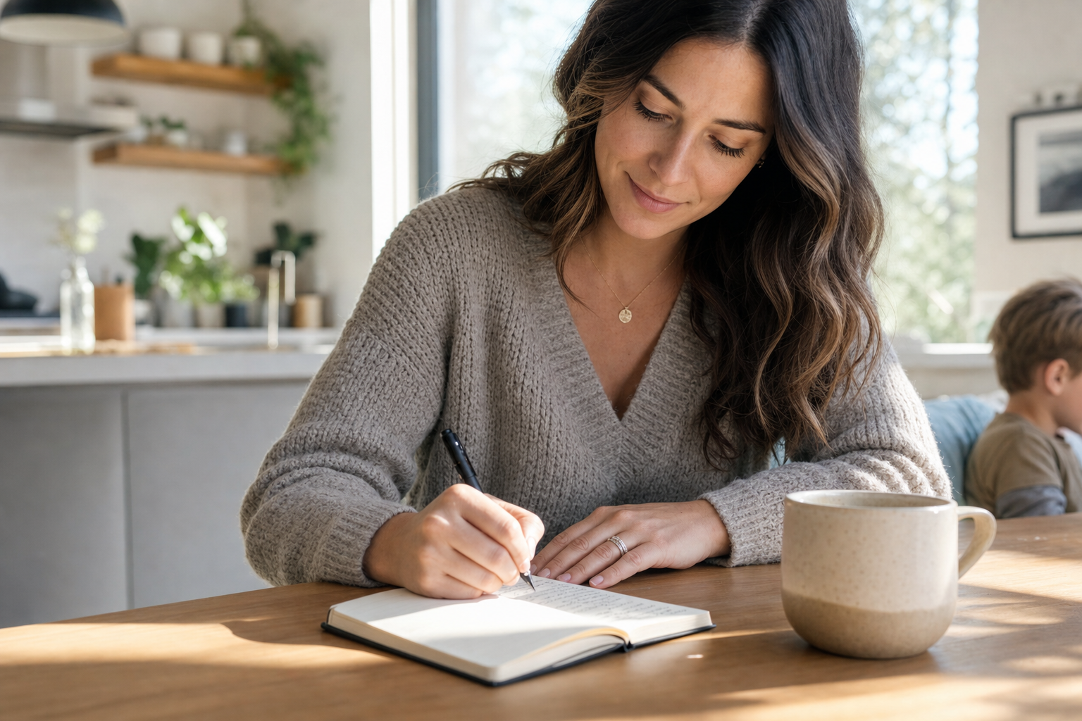 mom journaling for five minutes in the morning as realistic self care