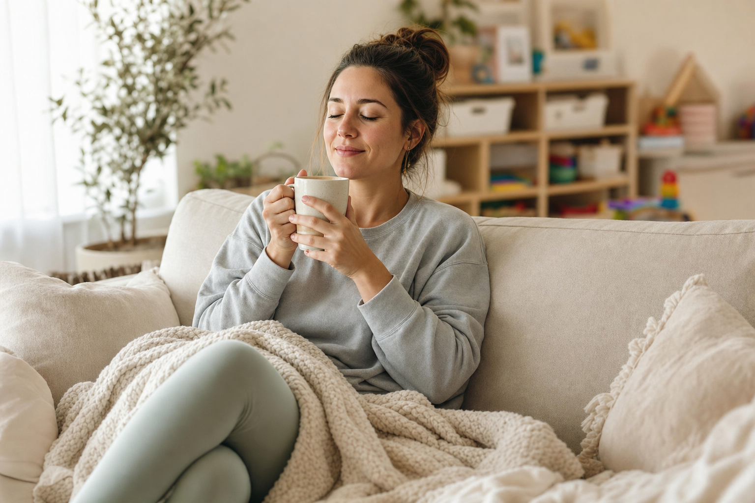 tired mom drinking coffee alone on the couch in a quiet moment of self care