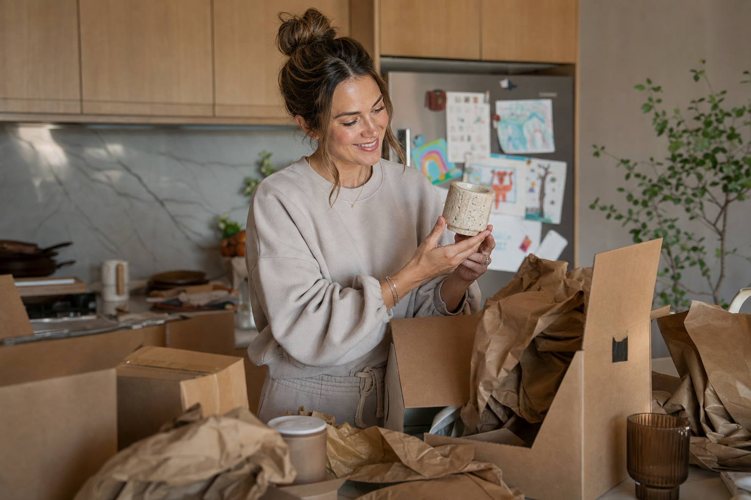 mom unboxing amazon home decor finds in kitchen cardboard box travertine candle