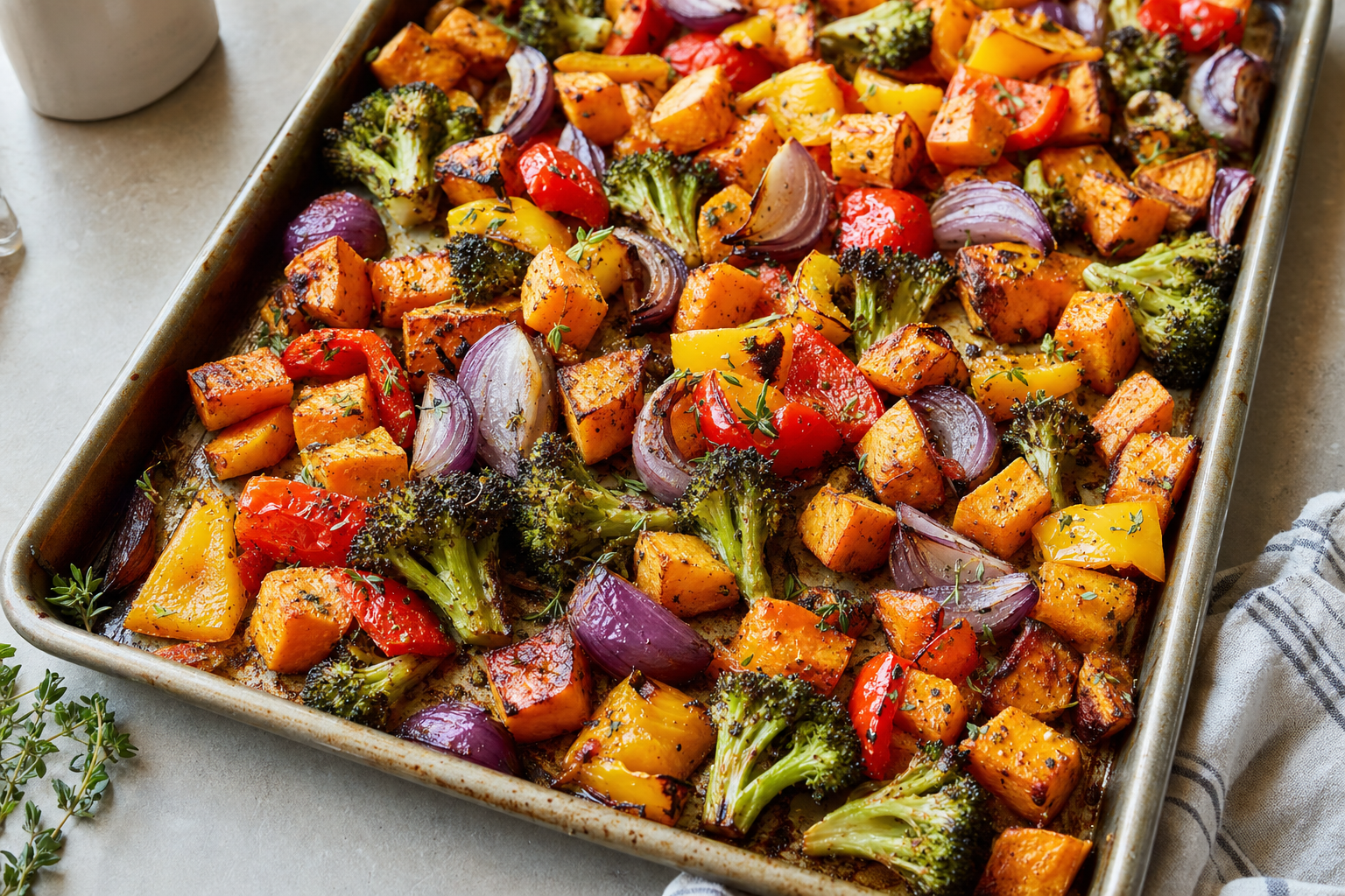 sheet pan roasted vegetables for sunday meal prep sweet potato bell pepper broccoli