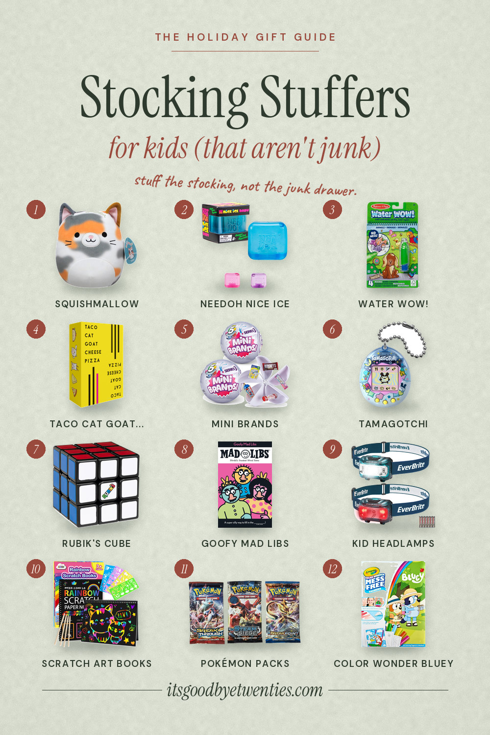 Gift guide collage of 12 numbered stocking stuffers for kids, including a Squishmallow, NeeDoh cube, Water Wow pad, Taco Cat Goat Cheese Pizza, Tamagotchi and Pokemon booster packs
